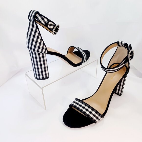 Ann Taylor Leannette Piped Gingham Block Heel Sandals Black/White 9B NEW - Picture 5 of 14
